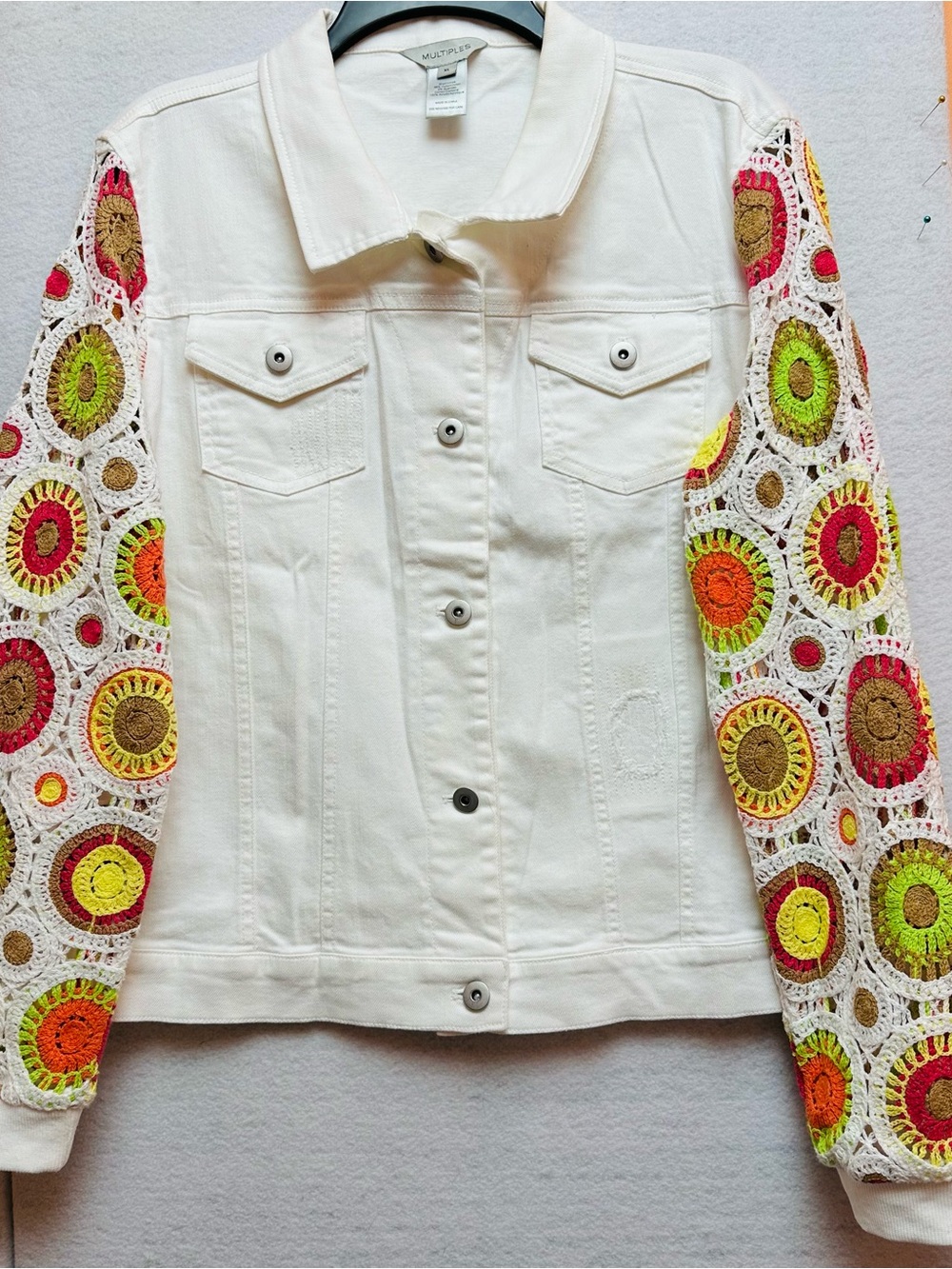 Multiples White XL denim Cotton Blend Jean Jacket crochet sleeves